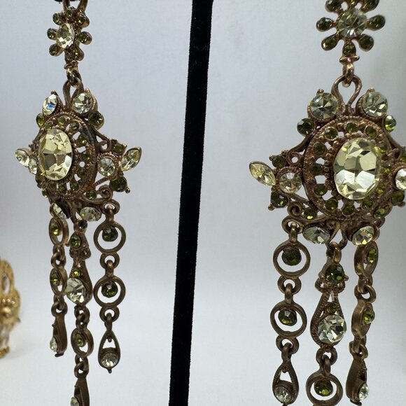 Gorgeous Vintage Dangle Earrings Peridot Rhinestone Pierced Chandelier 4" Long - Picture 5 of 9